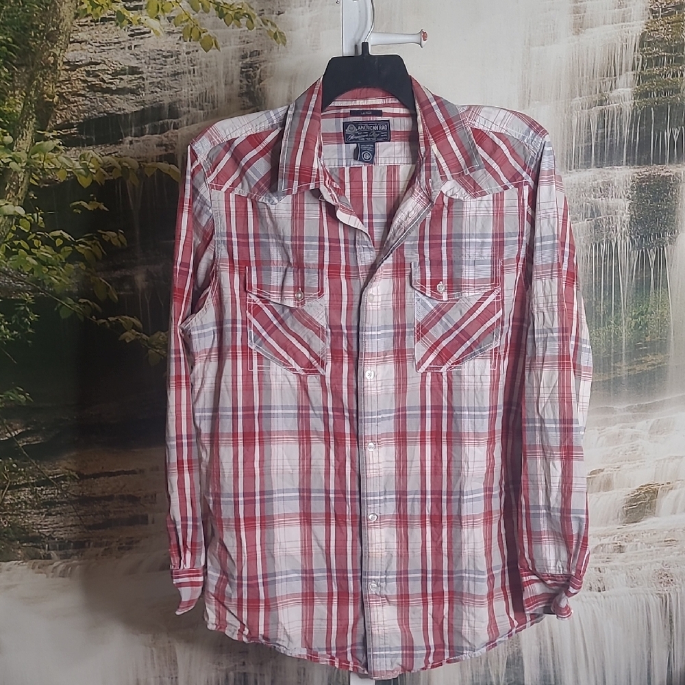 American Rag Mens Large red gray plaid Casual Button Down Long Sleeve Shirt